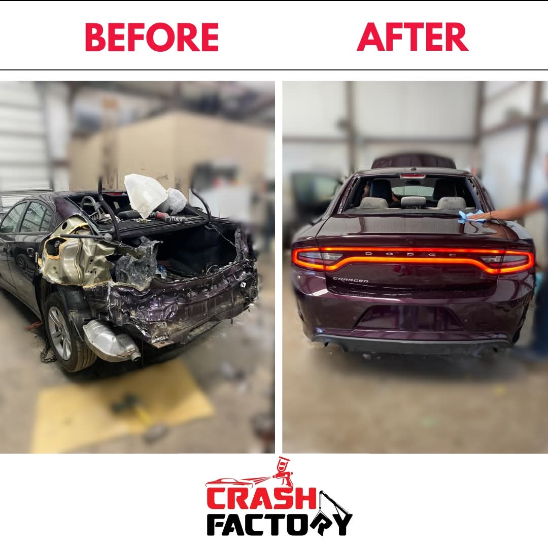 Before and after Dodge Charger rear end repair - The Crash Factory Dallas